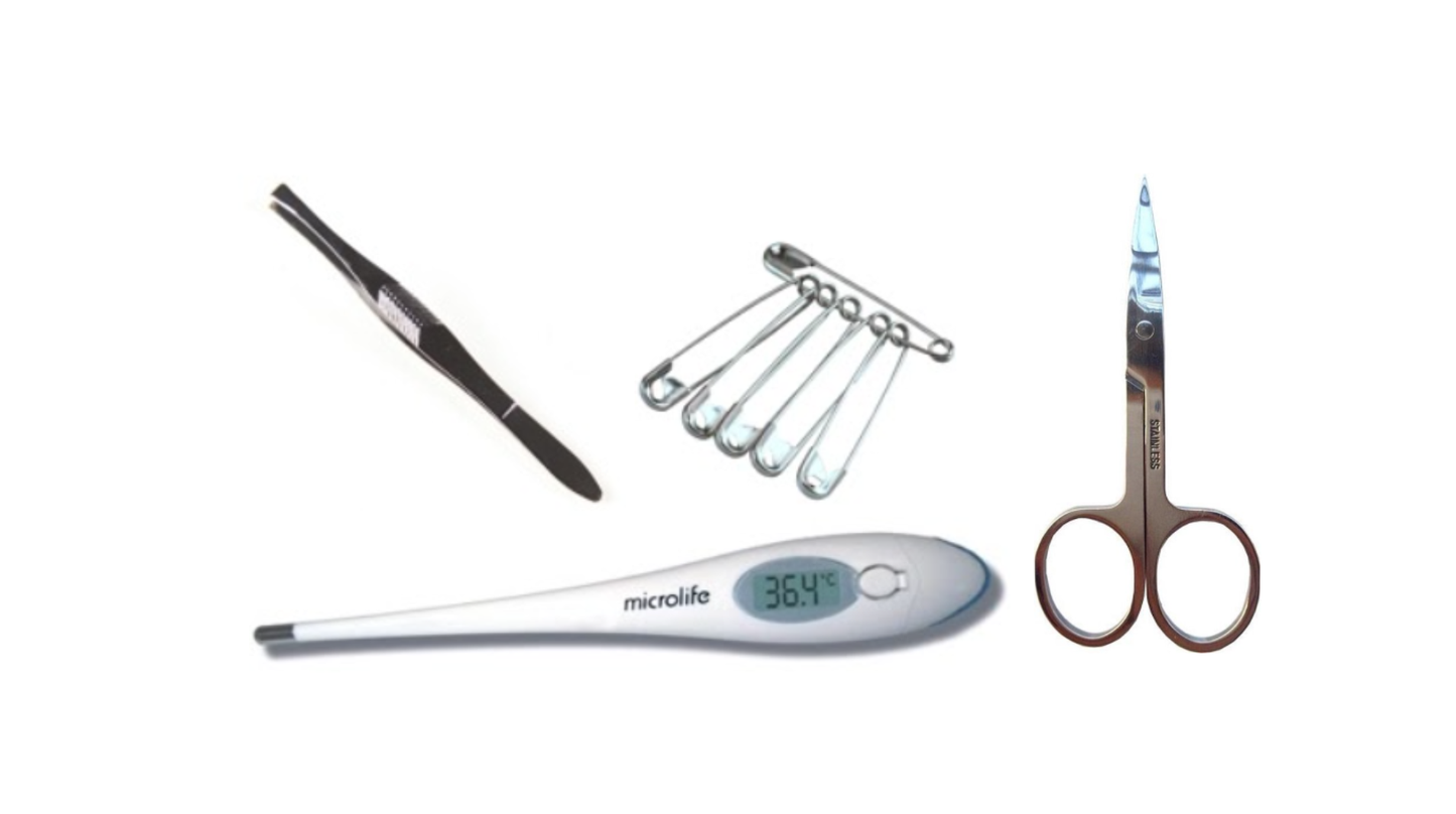 EHBO Must-Haves Hardware: schaartje, pincet/tekentang, speld/naald, thermometer